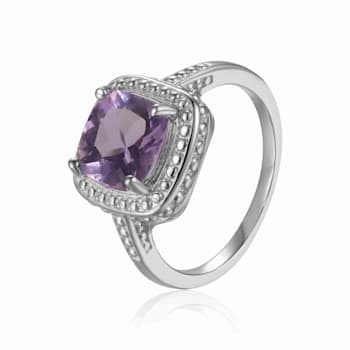 Square Cushion Amethyst Sterling Silver Solitaire with Beaded Halo Ring, 2.00ct