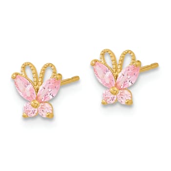 14K Yellow Gold Kids Pink Cubic Zirconia Butterfly Post Earrings