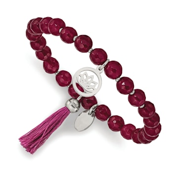 Stainless Steel Polished Lotus with Tassel Pink Jade Beaded Stretch Bracelet