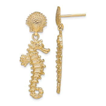 14k Yellow Gold Textured Seahorse Dangling From Shell Earrings
