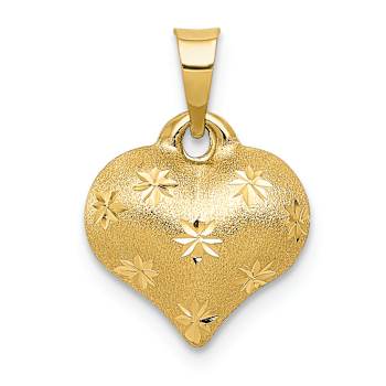 14k Yellow Gold Polished, Satin and Diamond-Cut 3D Puffed Heart Pendant