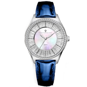 Christian Van Sant Women's Luna White Dial, Blue Leather Strap Watch