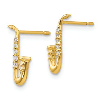 14k Yellow Gold Children's Cubic Zirconia Saxophone Stud Earrings