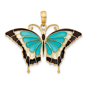 14k Yellow Gold Multi-color Enameled Butterfly Pendant