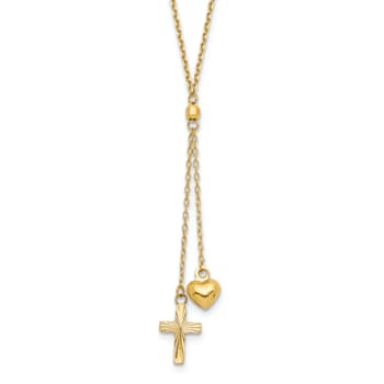 14K Yellow Gold Puffed Heart and Diamond-cut Cross Graduated Chain with
2-inch Extension Necklace