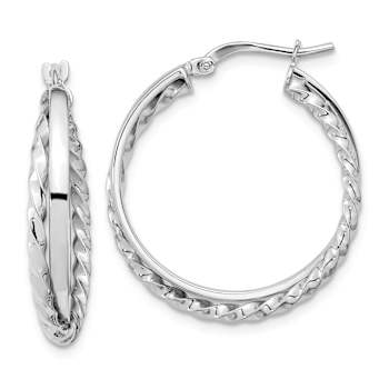 Rhodium Over 14k White Gold 1" Polished and Textured Hinged Hoop Earrings