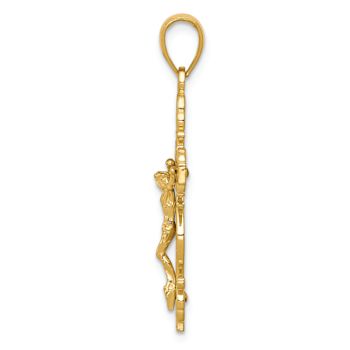 14k Yellow Gold Polished and Textured Crucifix with Lace Trim Pendant