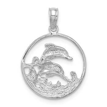 Rhodium Over 14k White Gold Textured Double Dolphin in Circle Pendant