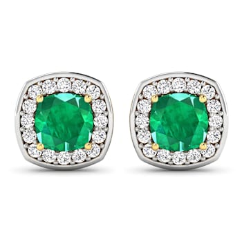 1.92ctw 14K Yellow Gold  Zambian Green Emerald and White Diamond Halo Earrings