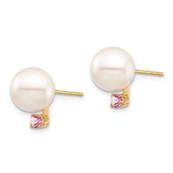 14K Yellow Gold 8-8.5mm White Round Freshwater Cultured Pearl Pink Topaz
Post Earrings