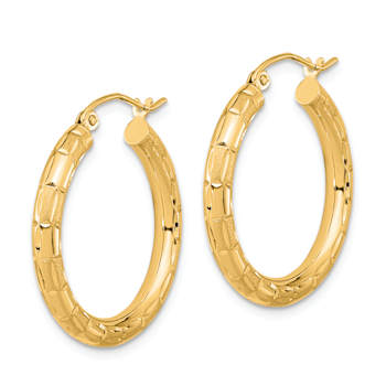 14k Yellow Gold Polished, Satin and Diamond-Cut 1 1/16" Hoop Earrings