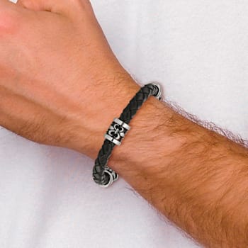Stainless Steel Antiqued and Polished Fleur De Lis/Dragon Leather Bracelet
