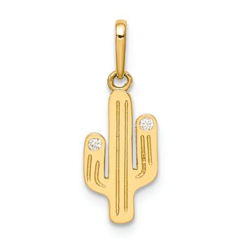 14k Yellow Gold Cactus with Cubic Zirconia Stone Pendant