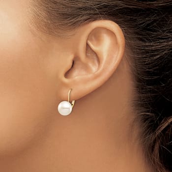 14K Yellow Gold 9-10mm White Button Freshwater Cultured Pearl Leverback Earrings