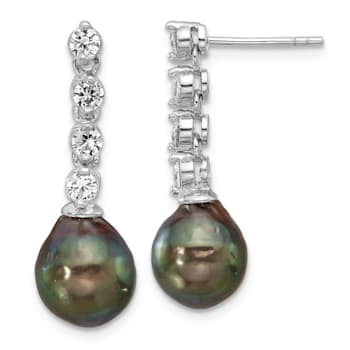 Rhodium Over Sterling Silver 9-10mm Tahitian Pearl and Cubic Zirconia
Post Dangle Earrings