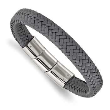 Gray Woven Leather and Stainless Steel Polished 8-inch with 0.5-inch
Extension Bracelet