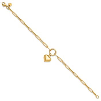 14k Yellow Gold Polished Puffed Heart Paper Clip Link Bracelet