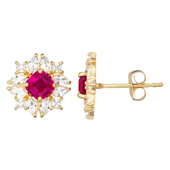 Square Lab Created Ruby10K Yellow Gold Stud Earrings 1.32ctw