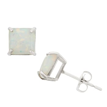Princess-Cut Lab-Created Opal Stud Earrings In 10K White Gold