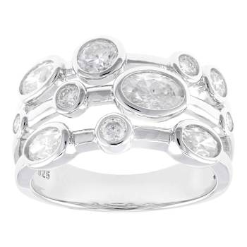 Oval And Round Moissanite Multi-Row Ring In Platinum-Enhanced Sterling Silver