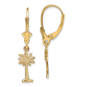 14k Yellow Gold Textured Mini Palmetto Palm Tree Dangle Earrings