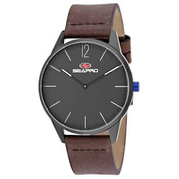 Seapro Men's Black hole Black Dial, Gunmetal Bezel, Brown Leather Strap Watch