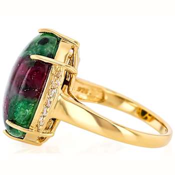 Ruby Zoisite Oval And White Zircon Ring In 18K Gold Over Sterling Silver 0.19ctw