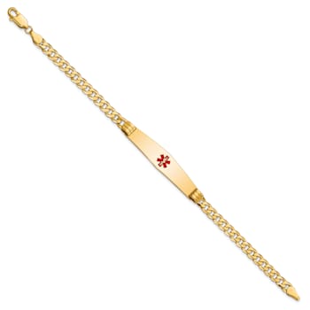 14k Yellow Gold Medical Soft Diamond Shape Red Enamel Curb Link ID Bracelet