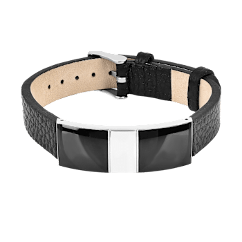 Mens Black Leather, Stainless Steel and Enamel Bracelet
