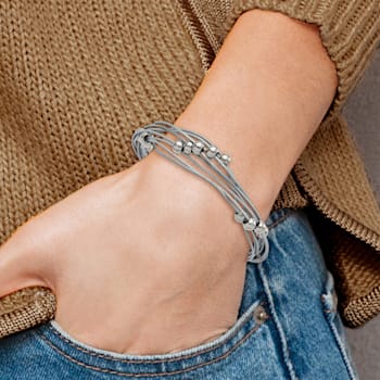 Gray Leather and Stainless Steel Polished Beaded Multi-Strand 8-inch Bracelet
