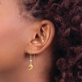 14k Two-tone Gold Puffed Dolphin Dangle Earrings