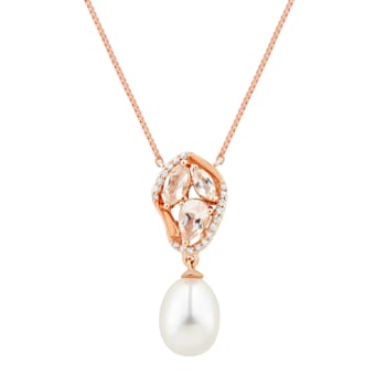 8-8.5mm Round White Freshwater Pearl and Morganite 14K Rose Gold Necklace