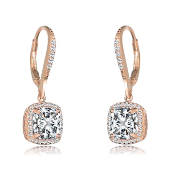 Square CZ Halo Drop Earrings In 18K Rose Gold Over Sterling Silver