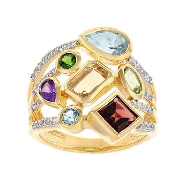 Multi-Gemstone Rainbow Ring In 18K Gold Over Sterling Silver 2.94ctw