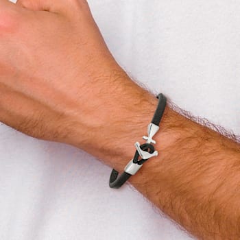 Black Leather and Stainless Steel Polished Anchor 8-inch Bracelet