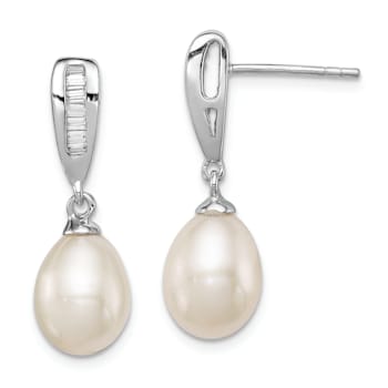 Rhodium Over Sterling Silver 7-8mm White Freshwater Cultured Pearl Cubic
Zirconia Dangle Earrings