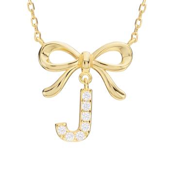 Initial J Bow CZ Necklace In 14K Gold Over Sterling Silver 0.23ctw