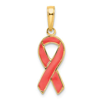 14k Yellow Gold Pink Enameled Awareness Ribbon Pendant