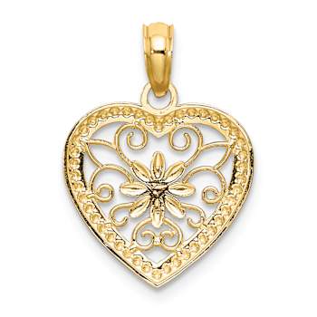 14K Two-tone Gold  Textured Heart Flower Filigree Charm