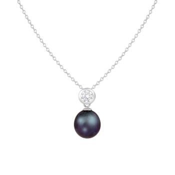 7-8mm Black Cultured Freshwater Pearl Sterling Silver Pendant W/Chain