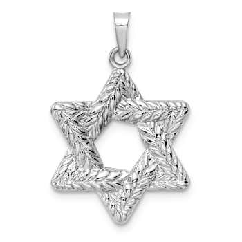 Rhodium Over 14k White Gold Polished and Textured Solid Star of David Pendant