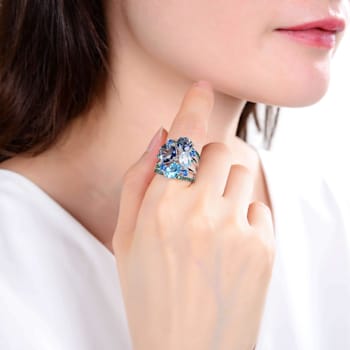 Multi-color Quartz, Blue Topaz and Green Nanocrystal Rhodium Over
Sterling Silver Ring