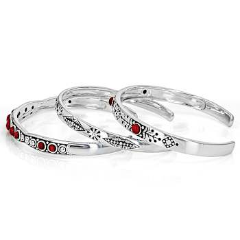 Red Coral Sterling Silver Cuff Bracelet Set Of 3