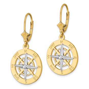 14k Yellow Gold and 14k White Gold Nautical Compass Dangle Earrings