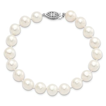 Rhodium Over Sterling Silver 9-10mm White Freshwater Cultured Pearl Bracelet