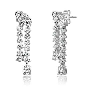 CZ Tiered Drop Earrings In Rhodium Over Brass
