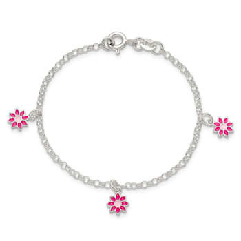 Sterling Silver Pink Enamel Flowers Children's Bracelet