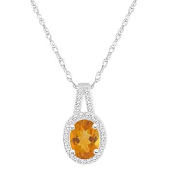 8x6mm Oval Citrine 1/7 ctw Diamond Rhodium Over Sterling Silver Halo
Pendant with Chain
