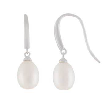 White Cultured Freshwater Pearl Rhodium Over Sterling Silver 8-9mm Drop Earrings