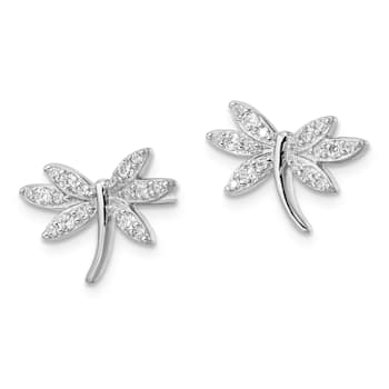 Rhodium Over Sterling Silver Cubic Zirconia Dragonfly Post Earrings